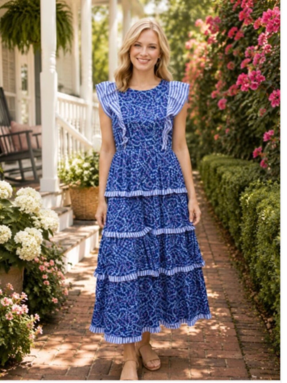 Simply Southern Hayley Bow Print Tiered Maxi Dress Ruffle Trim